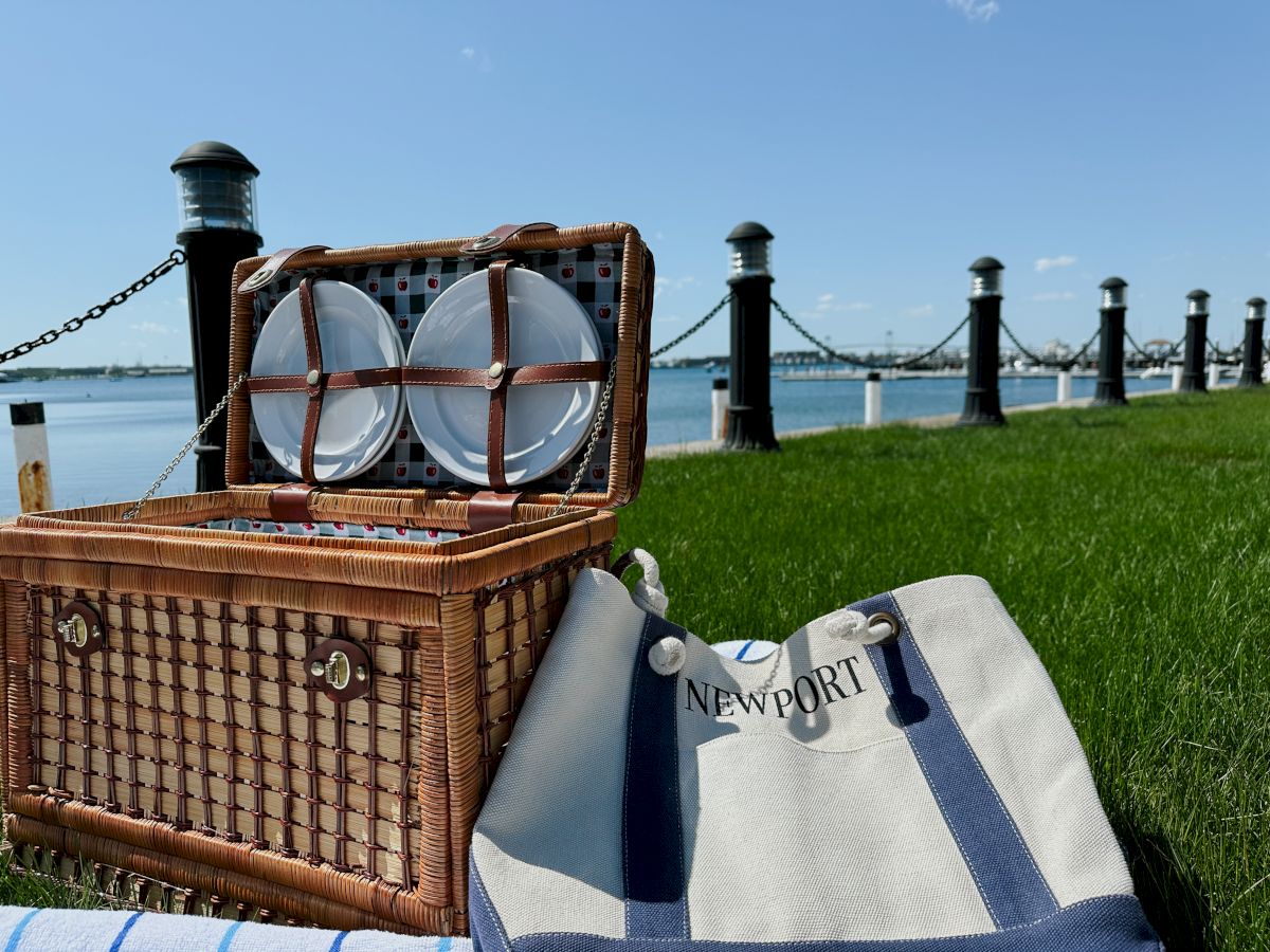 A picnic basket with plates, a canvas bag, and a blanket on grass by the waterfront, with lamp posts and a bridge in the background.