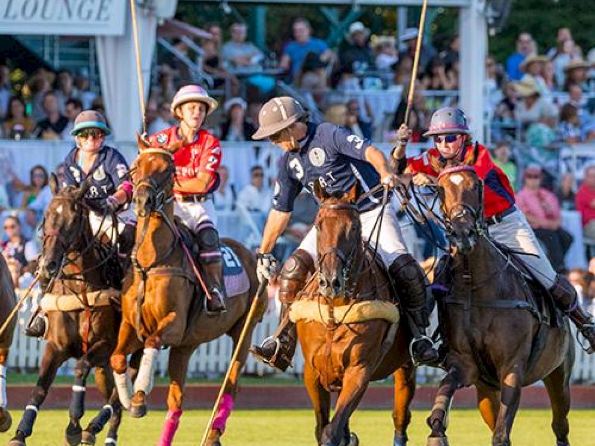 Four polo players on horses are actively engaged in a match on a grassy field, with a crowd watching in the background.
