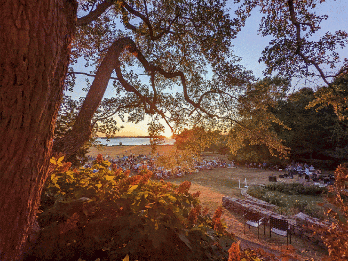 A scenic outdoor gathering at sunset, with large trees and a crowd seated on a grassy field near the water's edge.