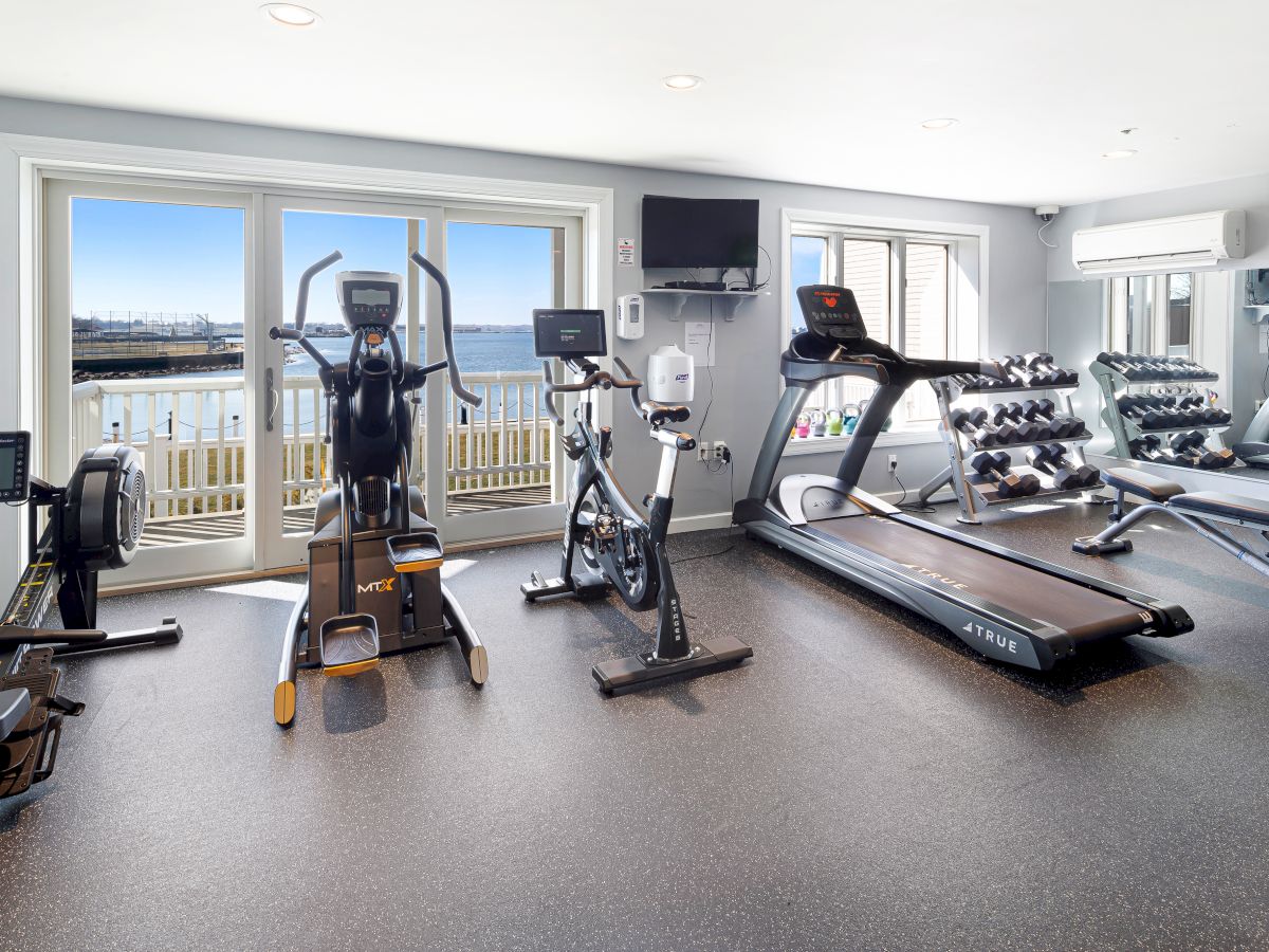 The image shows a gym with exercise equipment, including treadmills and bikes, overlooking a scenic waterfront view through large windows.