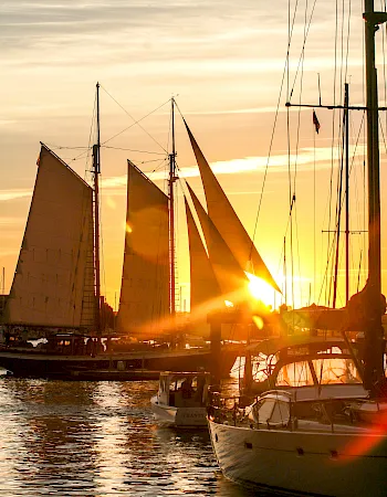 Sailboats tied in a harbor at sunset, with masts and rigging silhouetted against the glowing horizon.